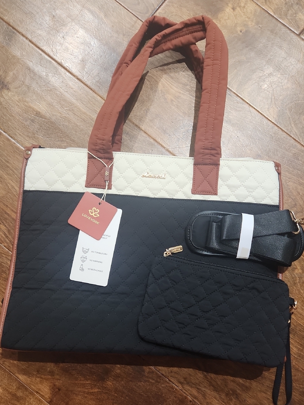 LOVEVOOK Quilted Tote Bag/Purse with Removable Pouch - Black & Cream